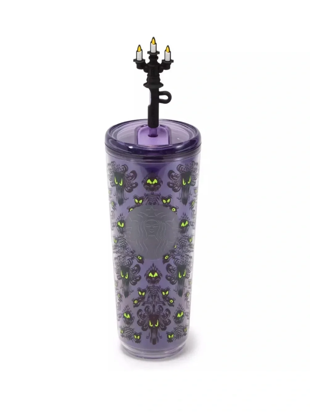 NEW DISNEY STARBUCKS HAUNTED MANSION EYES 24oz TUMBLER WITH STRAW & CANDELABRA